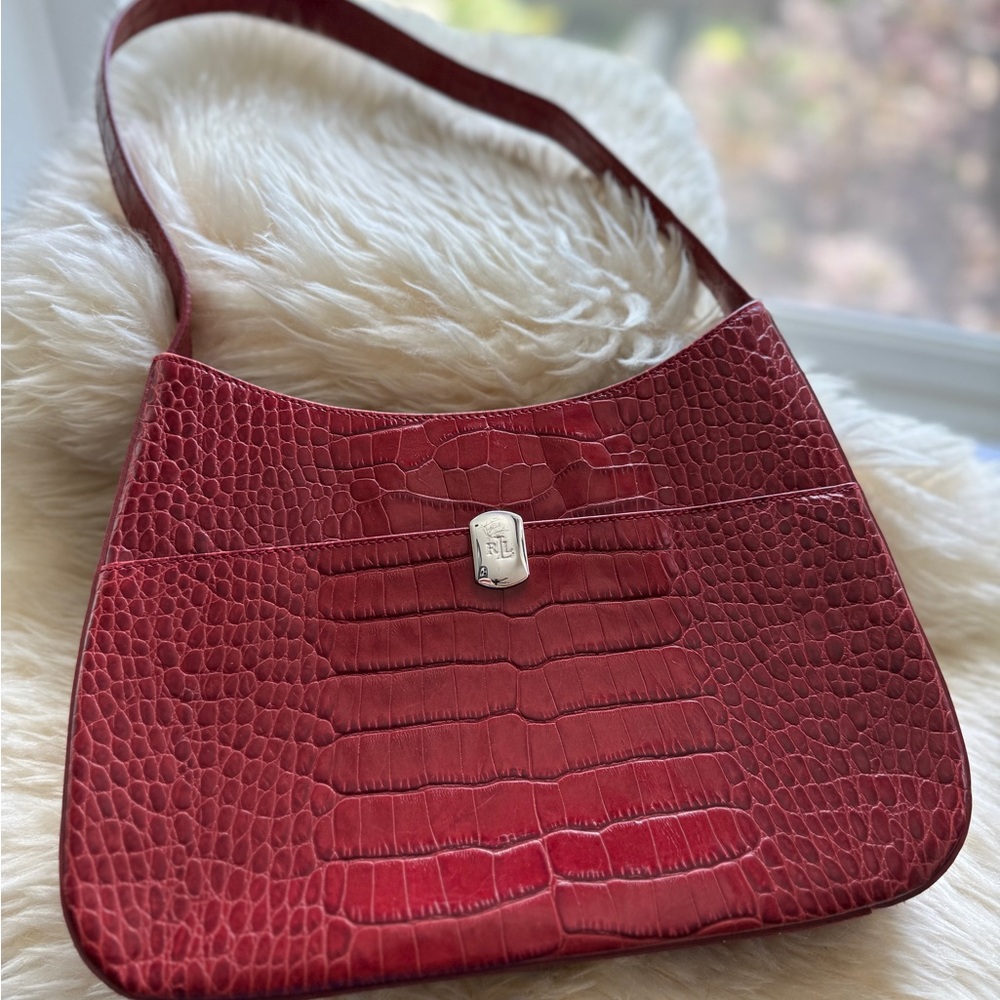 Lauren Ralph Lauren Red Crocodile Embossed Shoulder Bag
